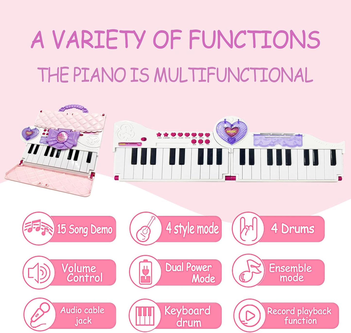 Piano de Juguete Plegable Mini Rosa de 40 Teclas EPT para Niños – Piano Musical Infantil con Micrófono