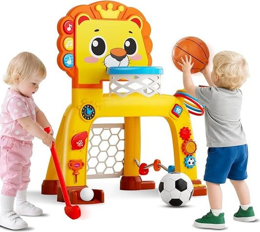 Aro de Baloncesto y Portería de Fútbol 4 en 1 para Niños Pequeños – Juguete Deportivo con Luces, Sonidos y Música