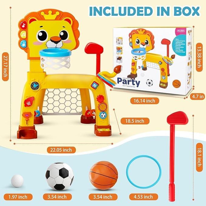 Aro de Baloncesto y Portería de Fútbol 4 en 1 para Niños Pequeños – Juguete Deportivo con Luces, Sonidos y Música