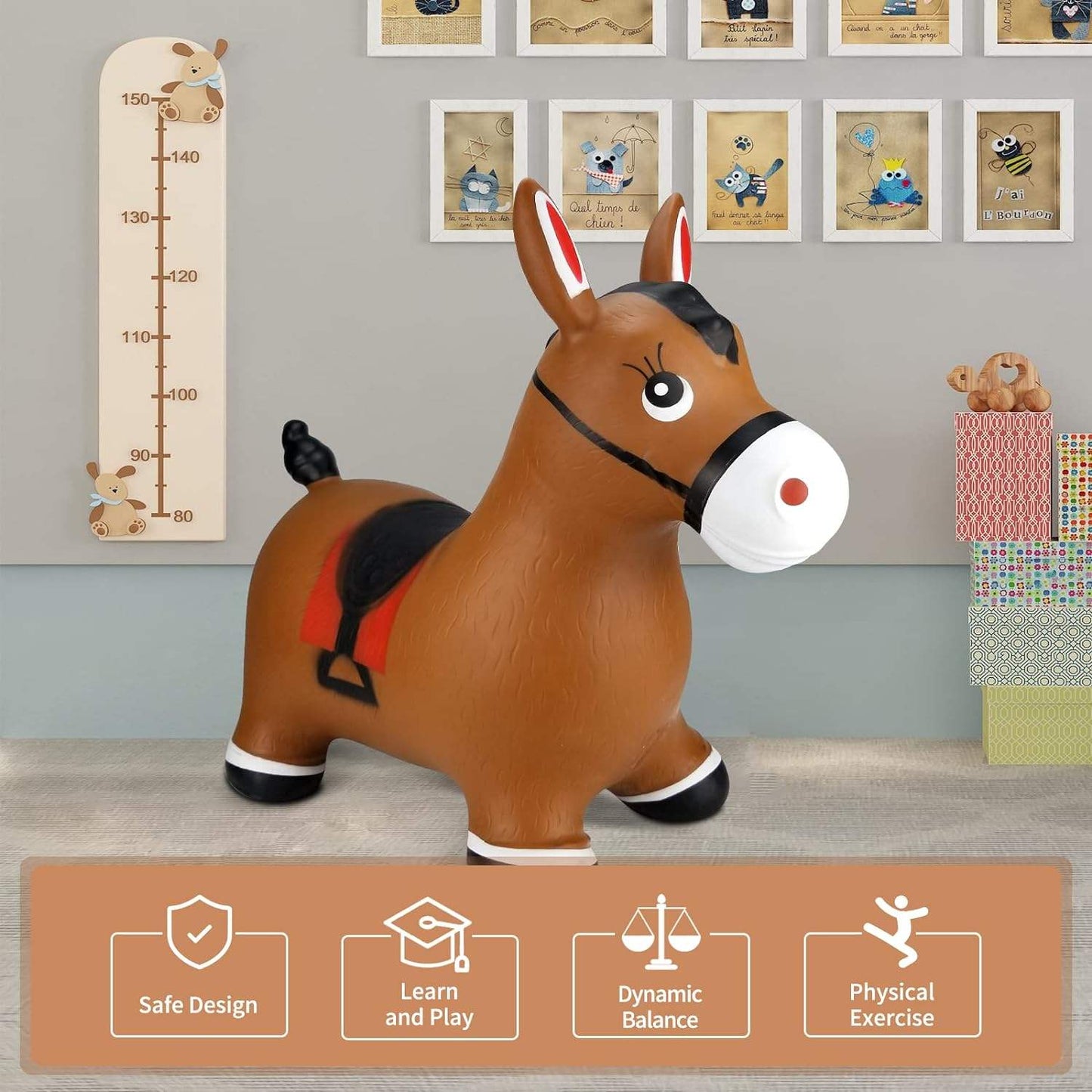 Caballo Inflable Marrón para Saltar – Juguete de Goma para Montar, Animal Saltarín para Niños