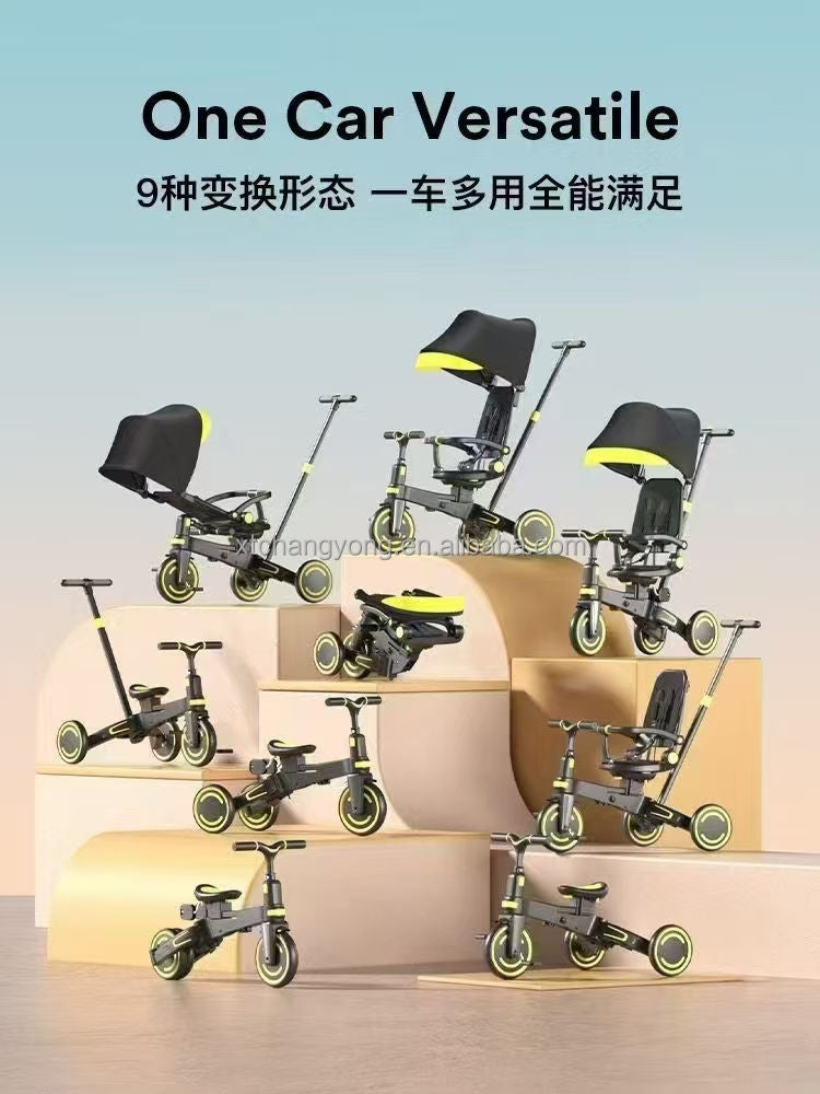 Triciclo para Bebés 9 en 1 con Rotación 360° | Plegable con Toldo | Cochecito de Equilibrio Multifuncional
